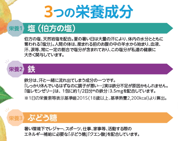 3つの栄養成分　塩　鉄　ブドウ糖